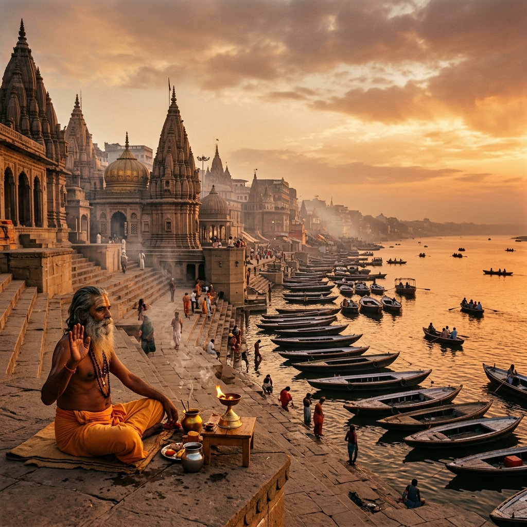 Sacred Varanasi Ghats at sunrise with a sage blessing pilgrims — your Kashi Mitra